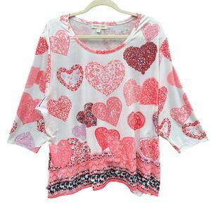 New Clover + Pine Womens 3X PolySpandex Pink Heart Patterned Long Sleeve Top